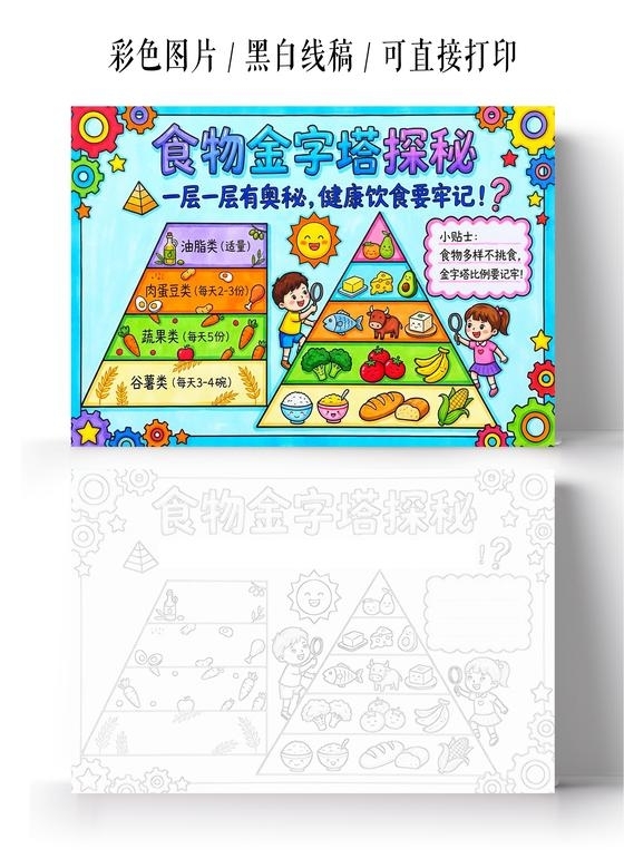 彩色卡通手绘食物金字塔探秘小报手抄报小学生手抄报