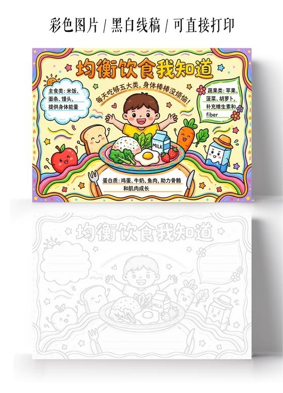 彩色卡通手绘均衡饮食我知道小报手抄报小学生手抄报