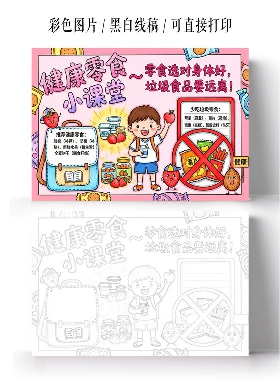 彩色卡通手绘健康零食小课堂小报手抄报小学生手抄报