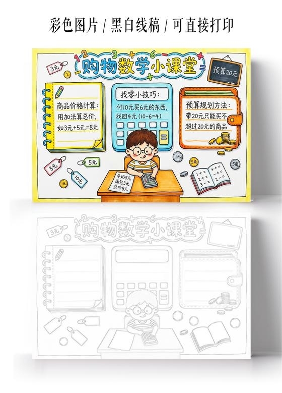 彩色卡通手绘购物数学小课堂小报手抄报小学生手抄报