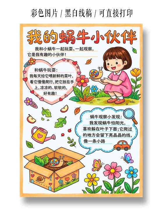 彩色卡通手绘我的蜗牛小伙伴小报手抄报小学生手抄报