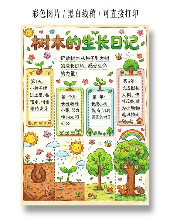 彩色卡通手绘树木的生长日记小报手抄报小学生手抄报
