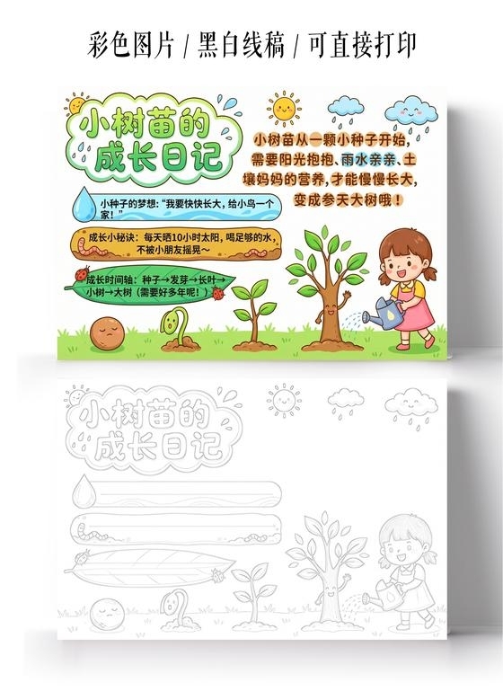 彩色卡通手绘小树苗成长记小报手抄报小学生手抄报