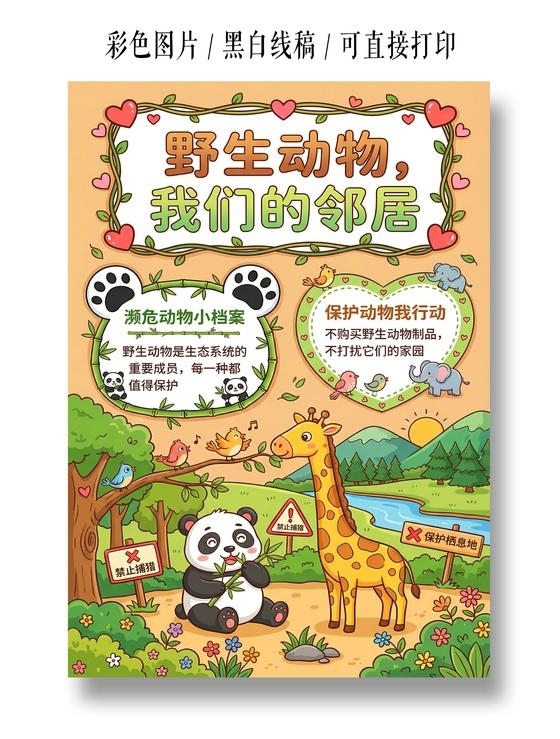 彩色卡通手绘野生动物我们的邻居小报手抄报小学生手抄报