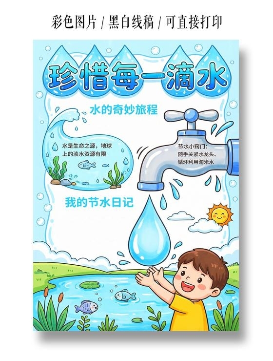 彩色卡通手绘珍惜每一滴水小报手抄报小学生手抄报