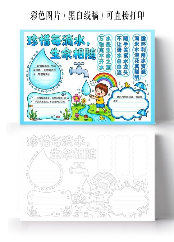 彩色卡通手绘珍惜每一滴水小报手抄报小学生手抄报