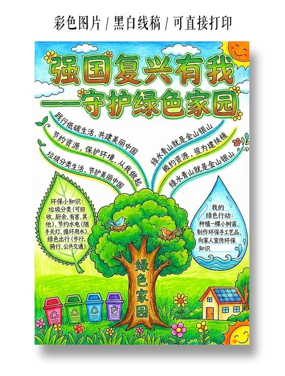 彩色卡通手绘强国复兴有我守护绿色家园小报手抄报小学生手抄报