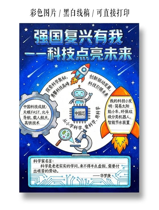 彩色卡通手绘强国复兴有我一科技点亮未来小报手抄报小学生手抄报