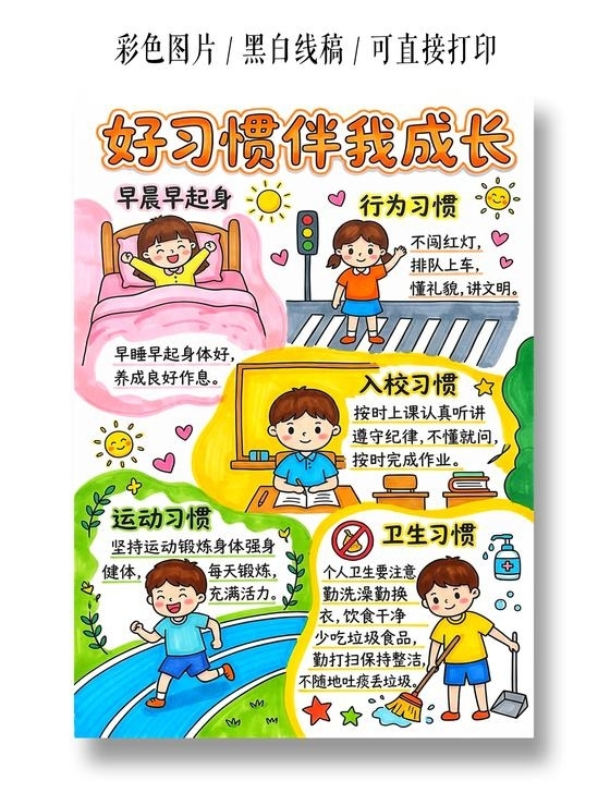 彩色卡通手绘好习惯伴我成长小报手抄报小学生手抄报