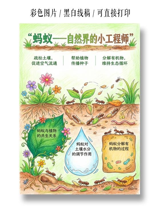 彩色卡通手绘蚂蚁一一自然界的小工程师小报手抄报小学生手抄报