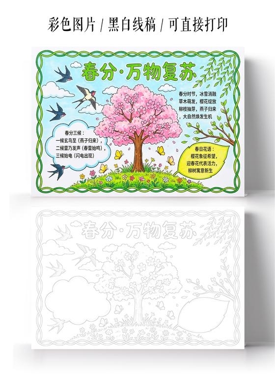 彩色卡通手绘春分万物复苏小报手抄报小学生手抄报