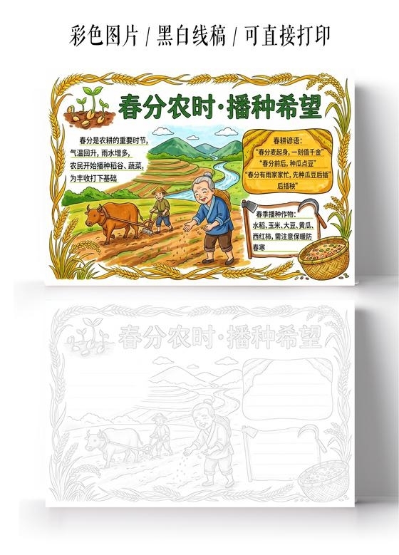 彩色卡通手绘春分农时播种希望小报手抄报小学生手抄报