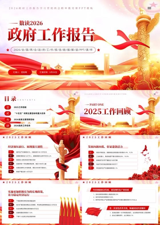 红色党建风数读2026两会工作报告党课课件PPT党建党课党政十五五