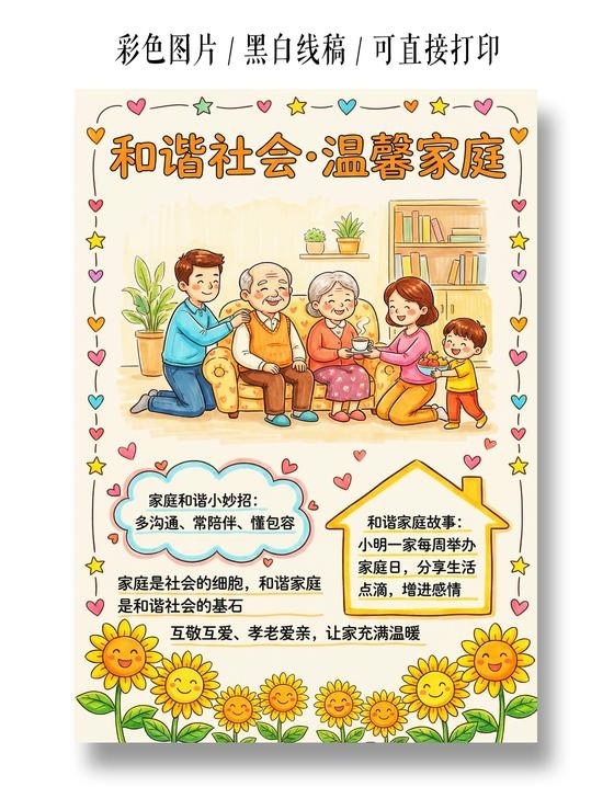 彩色卡通手绘和谐社会温馨家庭小报手抄报小学生手抄报