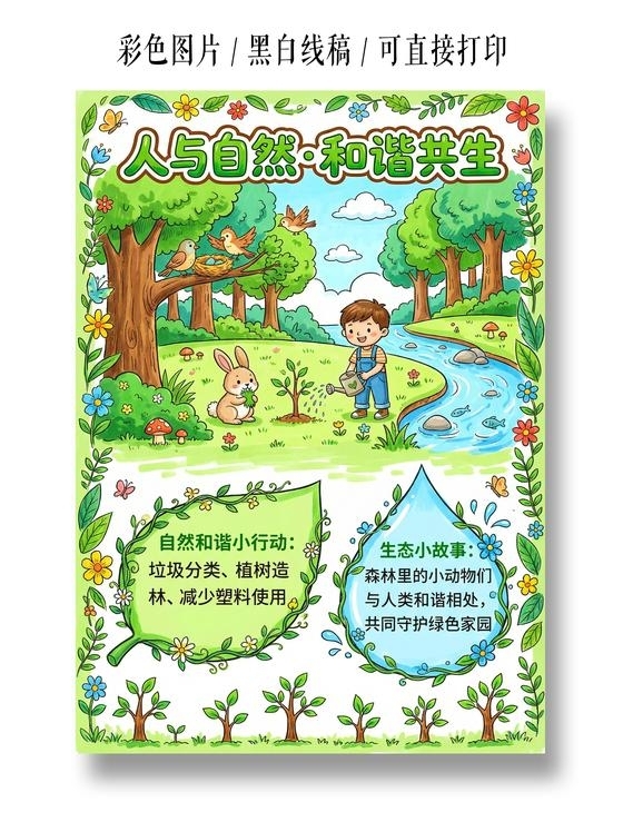彩色卡通手绘人与自然和谐共生小报手抄报小学生手抄报