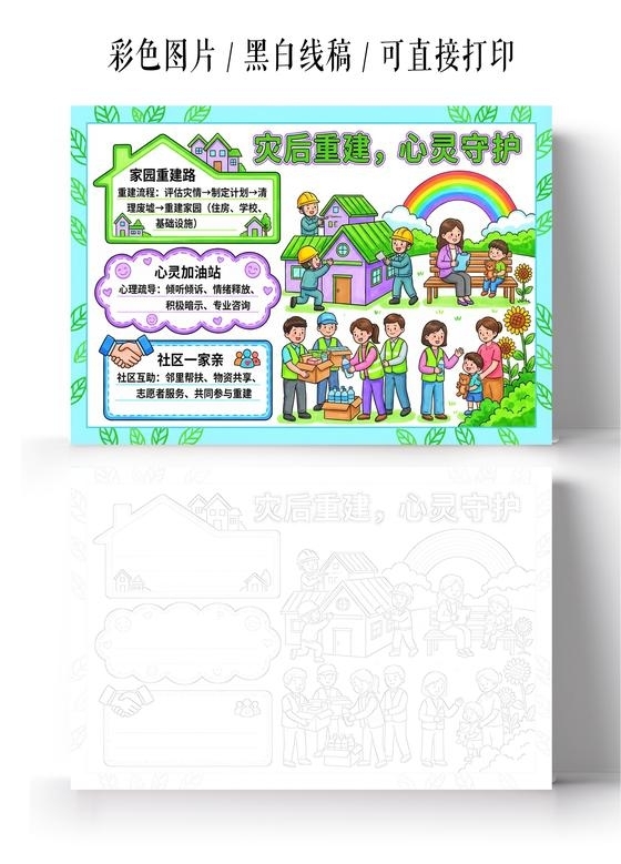 彩色卡通手绘灾后重建心灵守护小报手抄报小学生手抄报