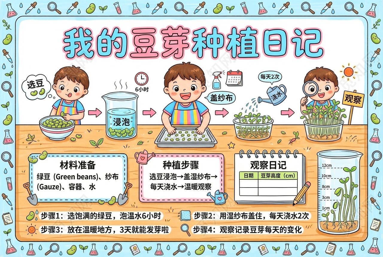 彩色卡通手绘我的豆芽种植日记小报手抄报小学生手抄报