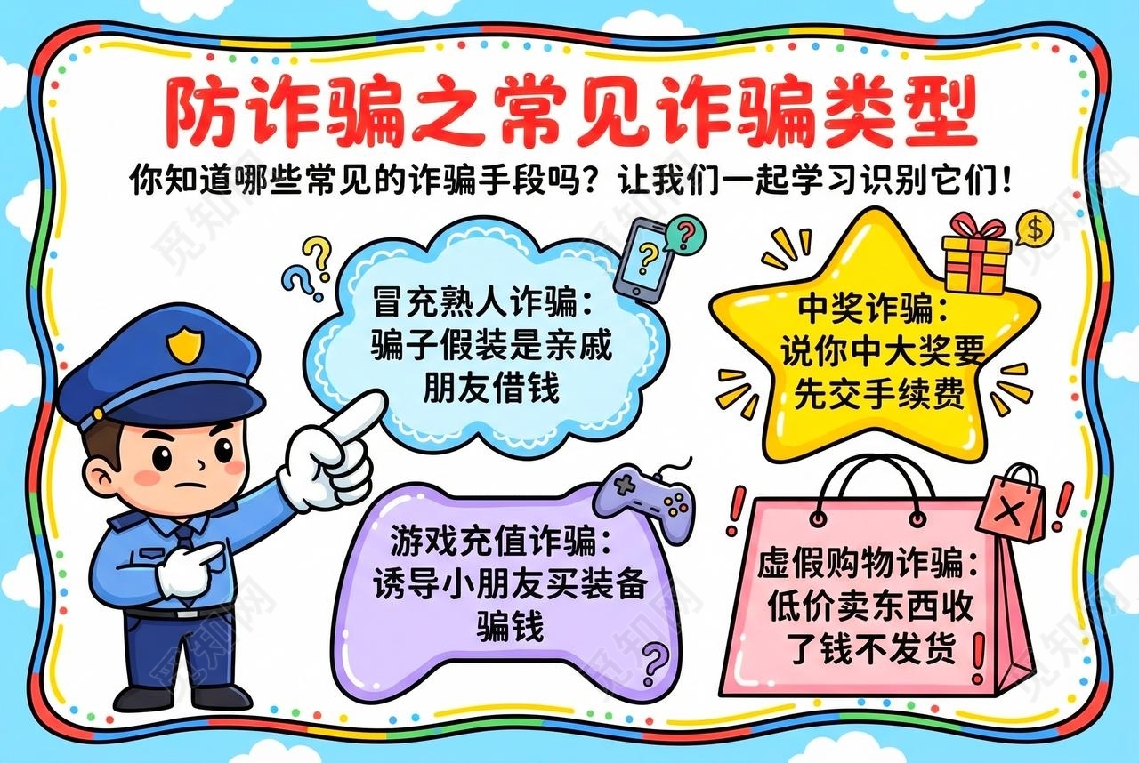彩色卡通手绘防诈骗之常见诈骗类型小报手抄报小学生手抄报