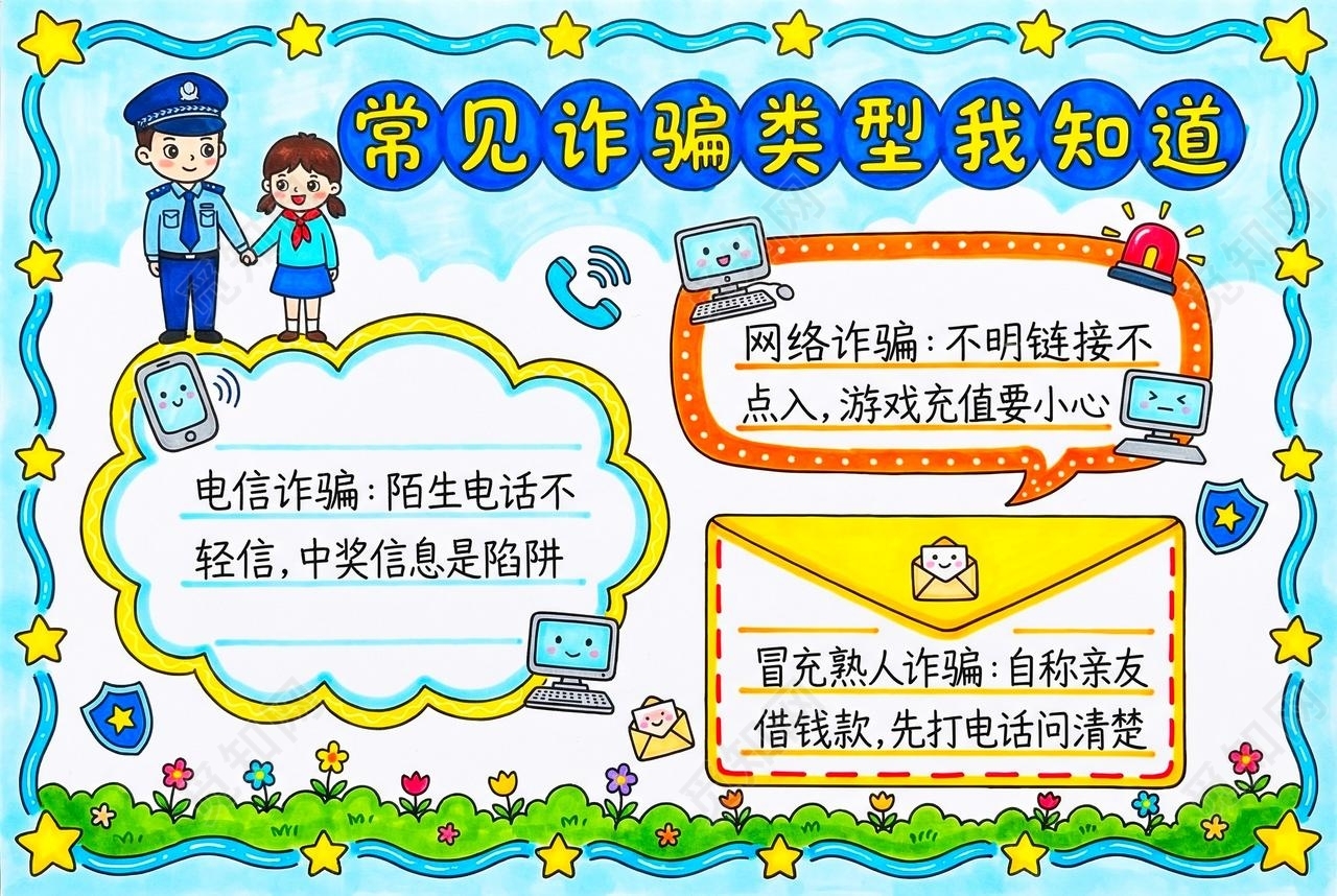 彩色卡通手绘常见诈骗类型我知道小报手抄报小学生手抄报