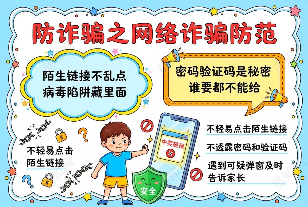 彩色卡通手绘防诈骗之网络诈骗防范小报手抄报小学生手抄报