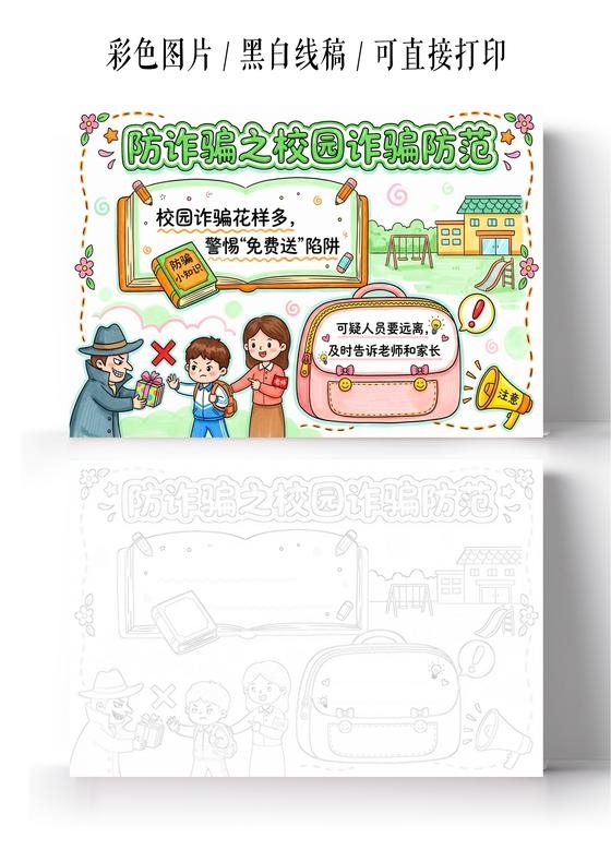 彩色卡通手绘防诈骗之校园诈骗防范小报手抄报小学生手抄报