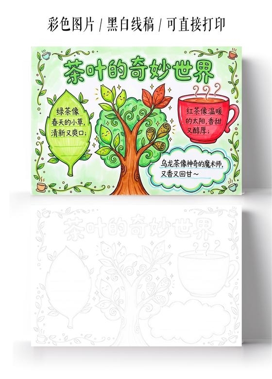 彩色卡通手绘茶叶的奇妙世界小报手抄报小学生手抄报
