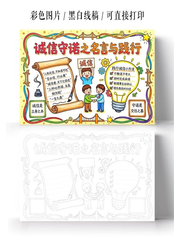 彩色卡通手绘诚信守诺之名言与践行小报手抄报小学生手抄报