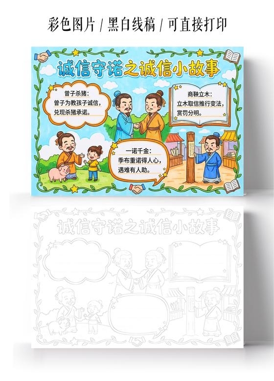 彩色卡通手绘诚信守诺之诚信小故事小报手抄报小学生手抄报