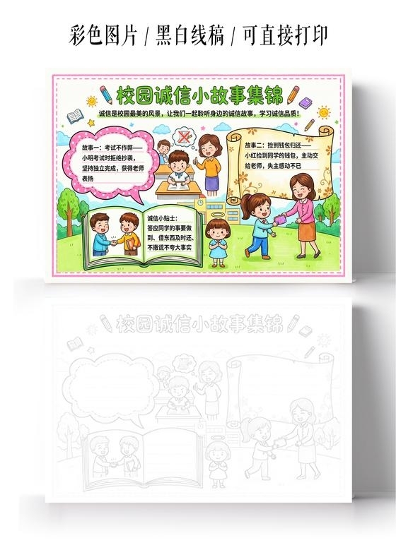 彩色卡通手绘校园诚信小故事集锦小报手抄报小学生手抄报