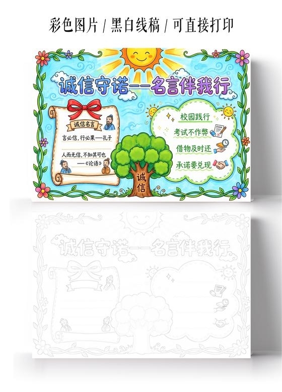 彩色卡通手绘诚信守诺名言伴我行小报手抄报小学生手抄报