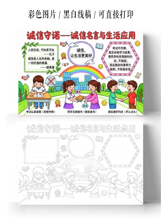 彩色卡通手绘诚信守诺诚信名言与生活应用小报手抄报小学生手抄报