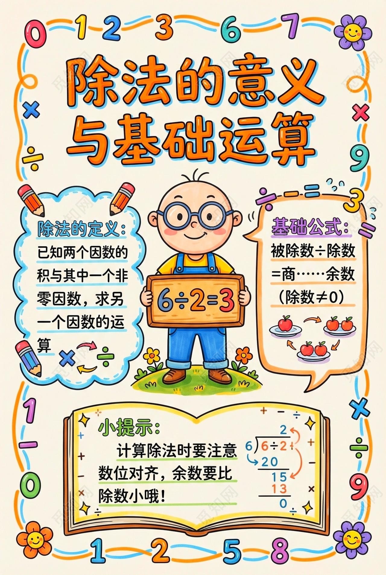 彩色卡通手绘除法的意义与基础运算小报手抄报小学生手抄报