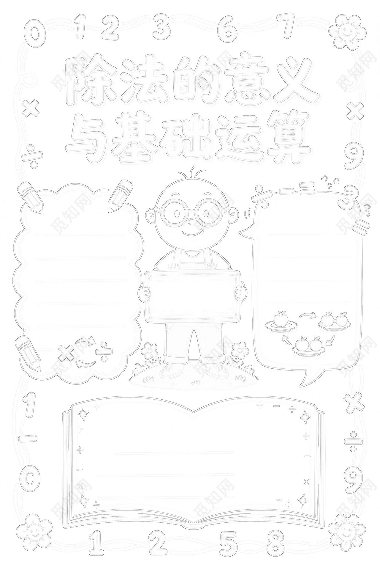 彩色卡通手绘除法的意义与基础运算小报手抄报小学生手抄报