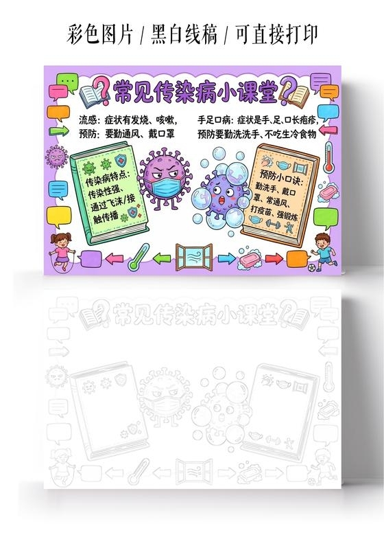 彩色卡通手绘常见传染病小课堂小报手抄报小学生手抄报