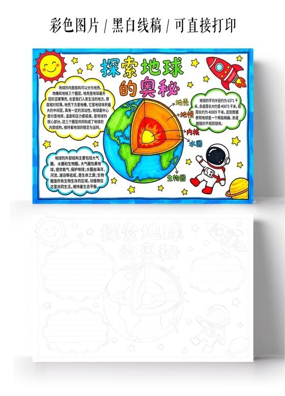 彩色卡通手绘探索地球的奥秘小报手抄报小学生手抄报