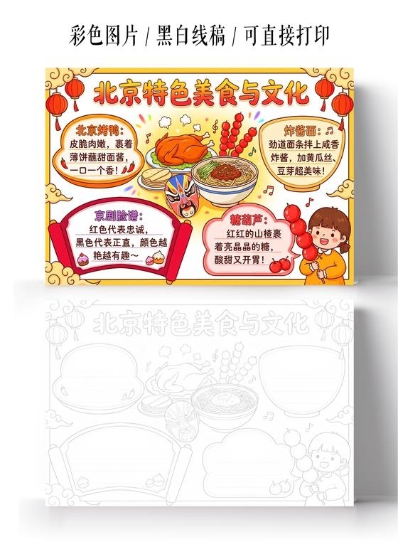 彩色卡通手绘北京特色美食与文化小报手抄报小学生手抄报