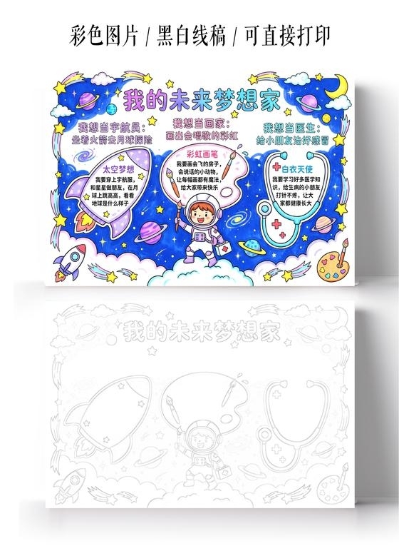 彩色卡通手绘我的未来梦想家小报手抄报小学生手抄报