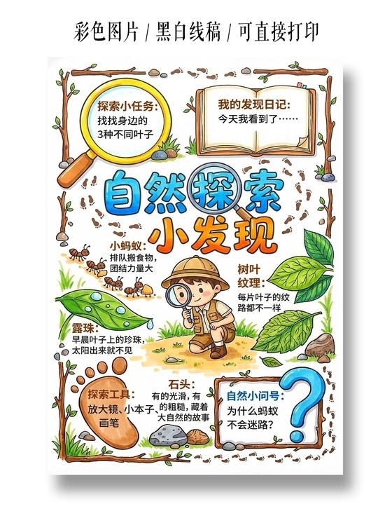 彩色卡通手绘自然探索小发现小报手抄报小学生手抄报