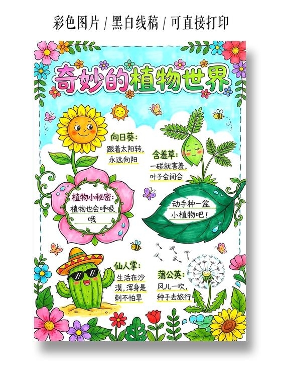 彩色卡通手绘奇妙的植物世界小报手抄报小学生手抄报