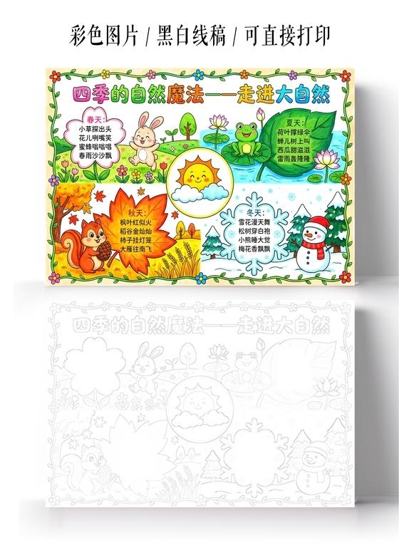 彩色卡通手绘四季的自然魔法 走进大自然小报手抄报小学生手抄报