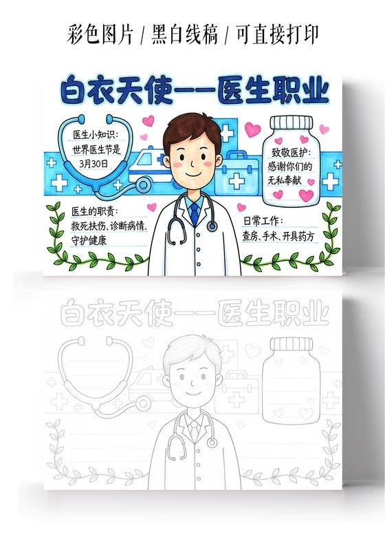 彩色卡通手绘白衣天使一一医生职业小报手抄报小学生手抄报