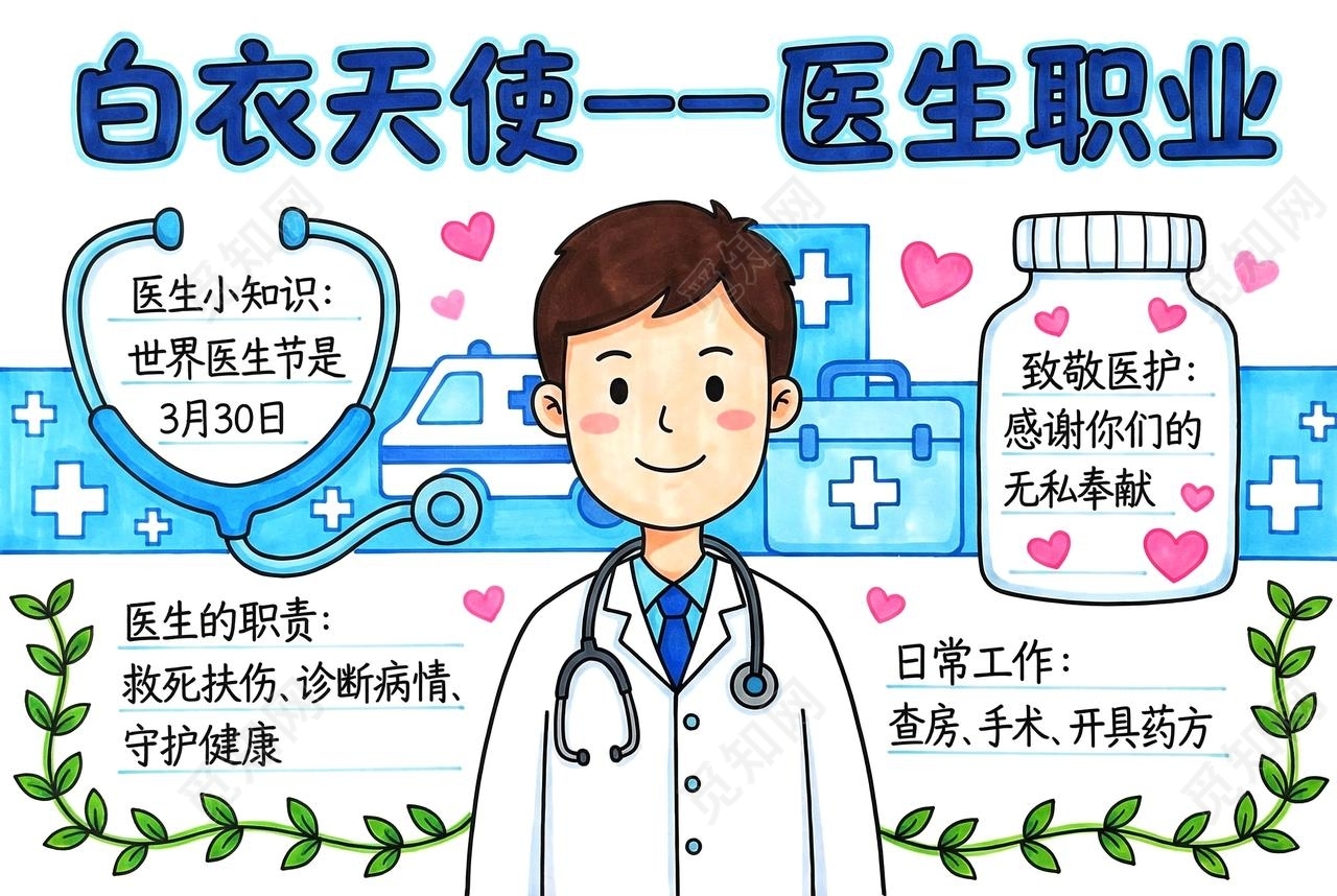 彩色卡通手绘白衣天使一一医生职业小报手抄报小学生手抄报