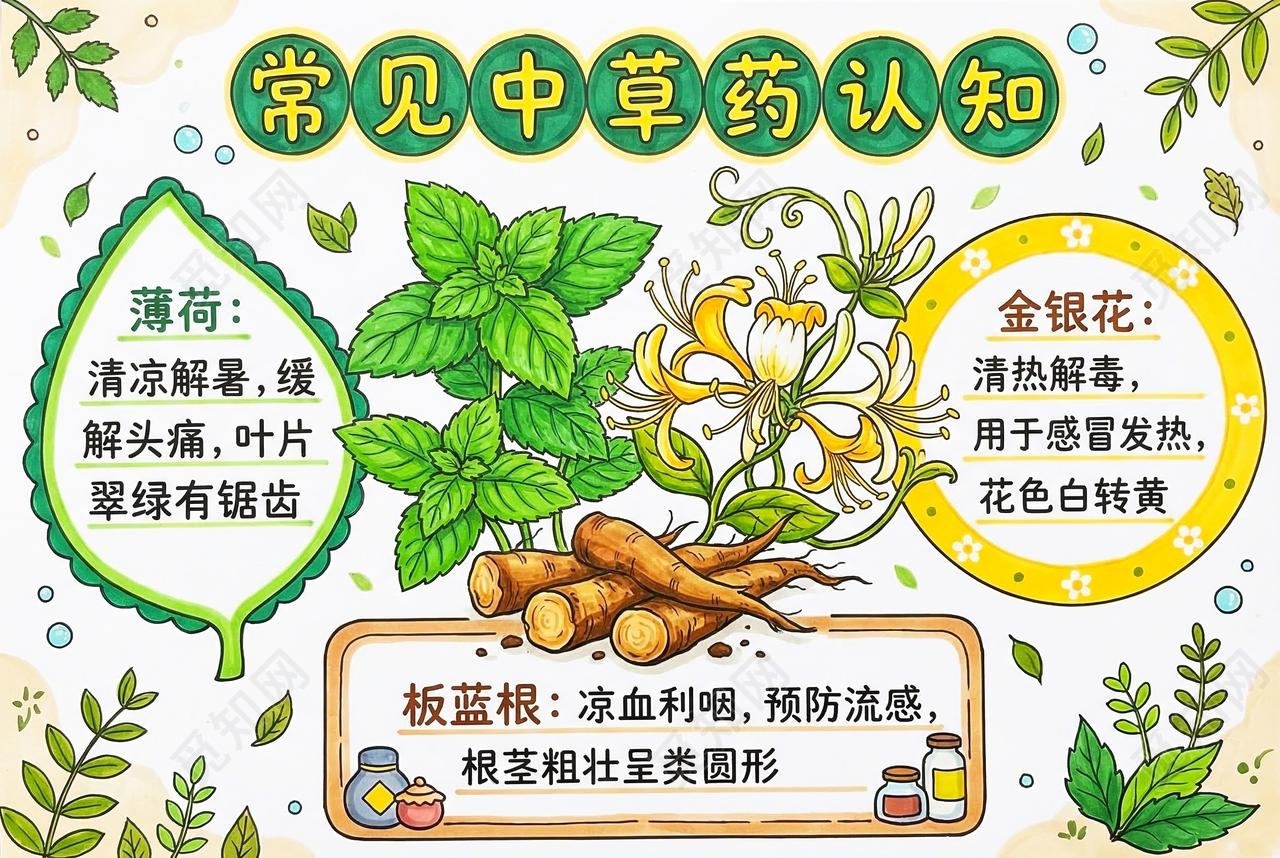 彩色卡通手绘常见中草药认知小报手抄报小学生手抄报