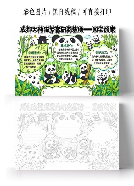 彩色卡通手绘成都大熊猫繁育研究基地一一国宝的家小报手抄报小学生手抄报