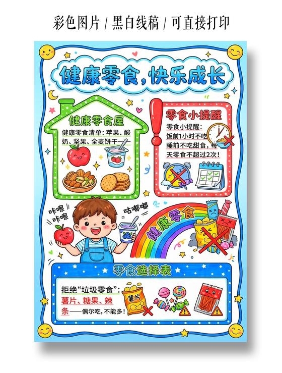 彩色卡通手绘健康零食快乐成长小报手抄报小学生手抄报