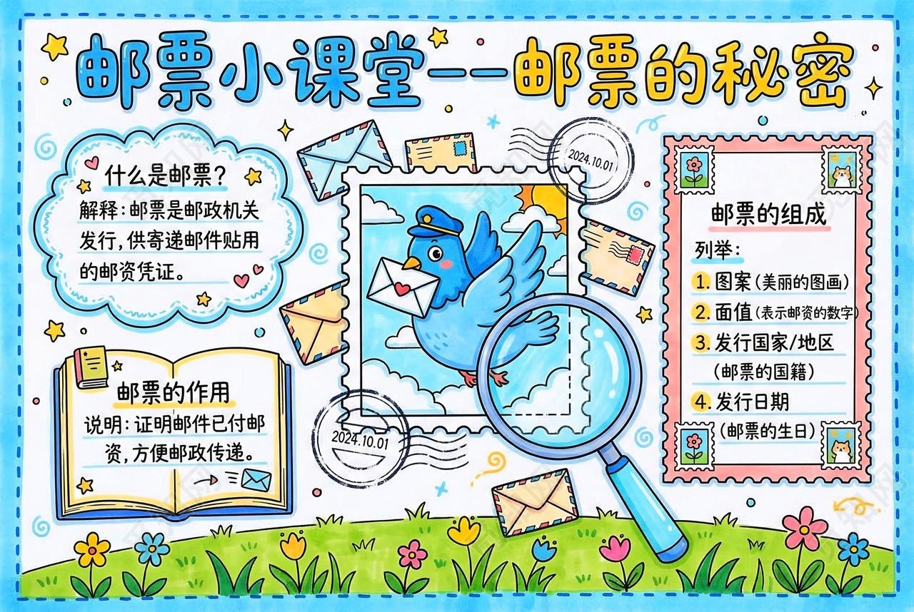 彩色卡通手绘邮票小课堂邮票的秘密小报手抄报小学生手抄报