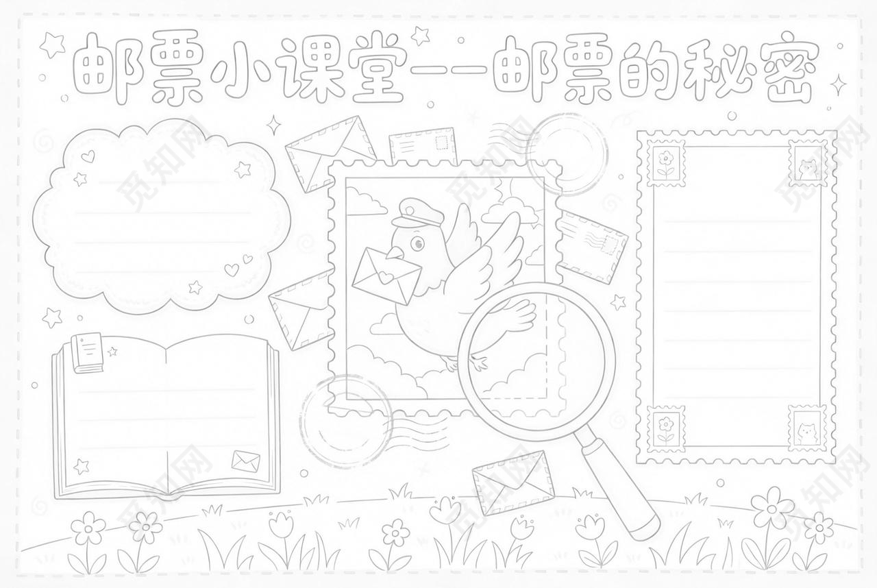 彩色卡通手绘邮票小课堂邮票的秘密小报手抄报小学生手抄报