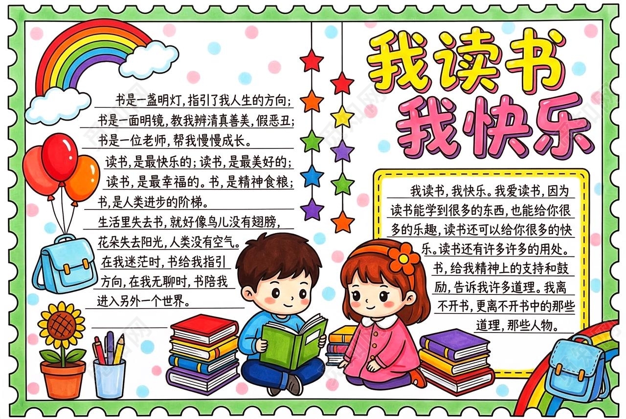 彩色卡通手绘我读书我快乐小报手抄报小学生手抄报