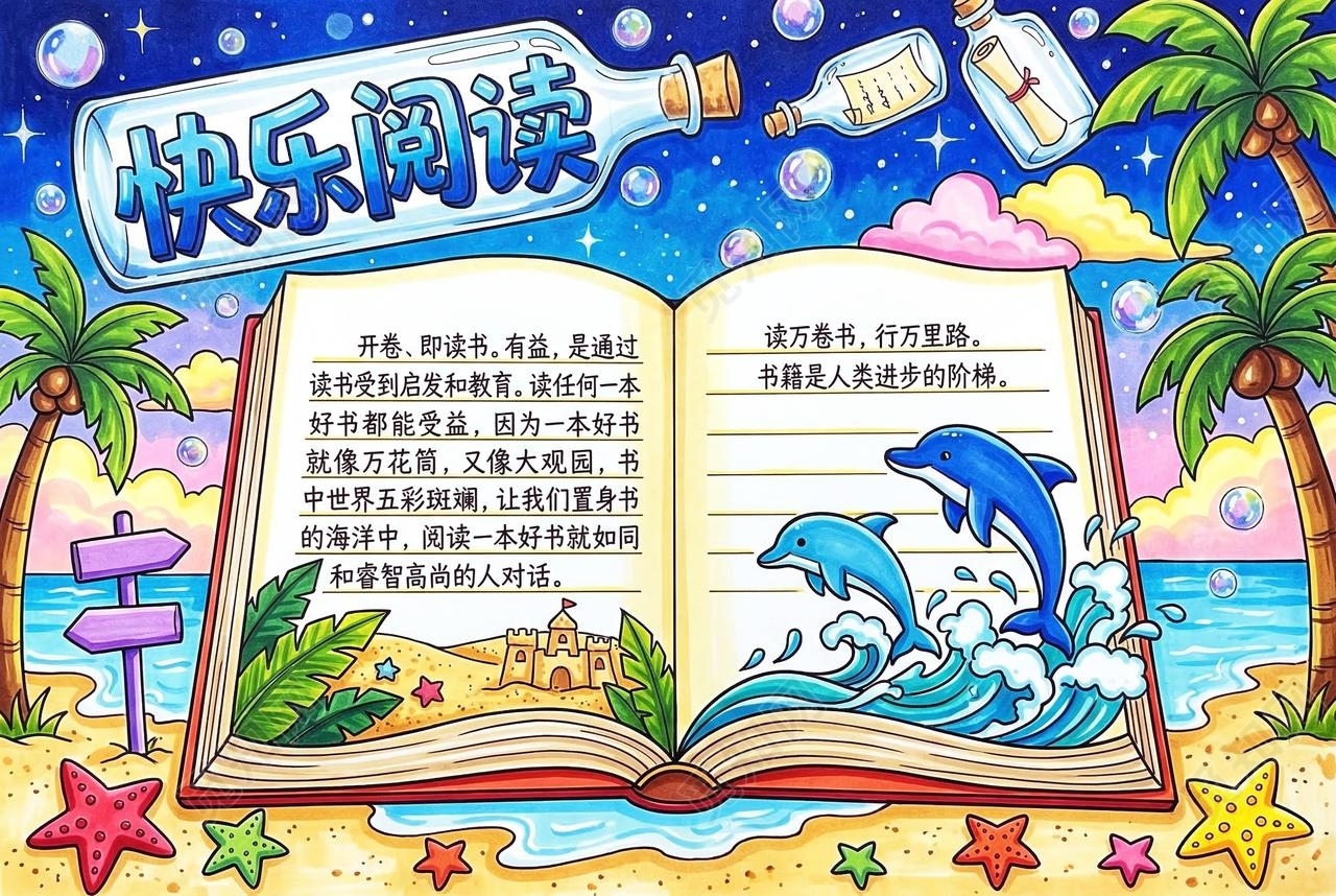 彩色卡通手绘快乐阅读小报手抄报小学生手抄报