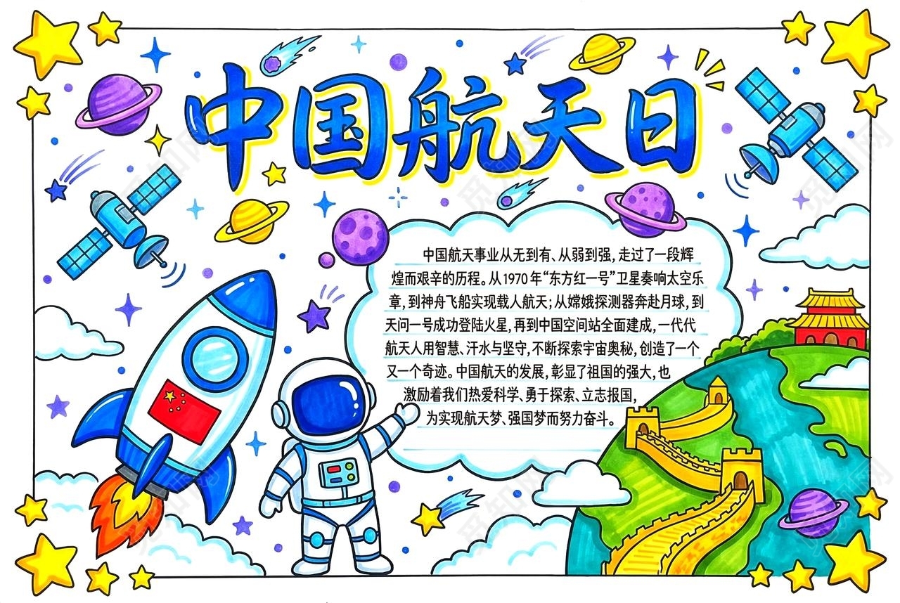 彩色卡通手绘中国航天日小报手抄报小学生手抄报
